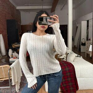 White Cable Knit Sweater Cotton Angora Blend Fitted Minimalist Soft